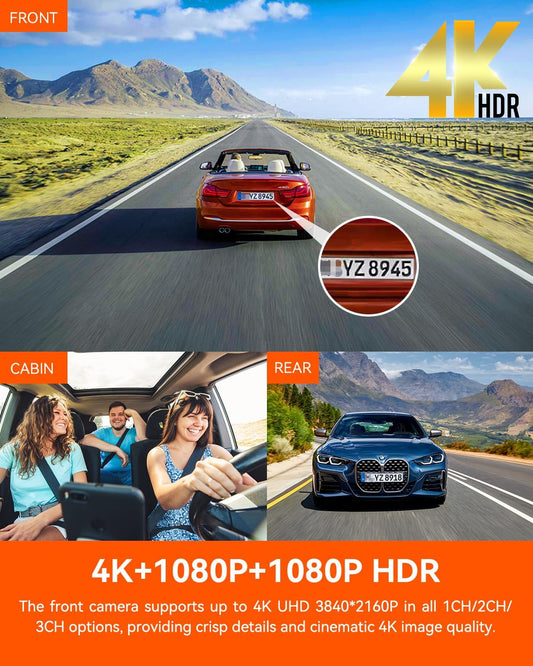 N4 Pro 3 Channel 4K Wifi Dash Cam, STARVIS 2 IMX678 X Platepix™ X HDR Night Vision, 4K+1080P+1080P Front inside and Rear Car Camera, Voice Control, GPS, 24H Parking Mode (N4 PRO)