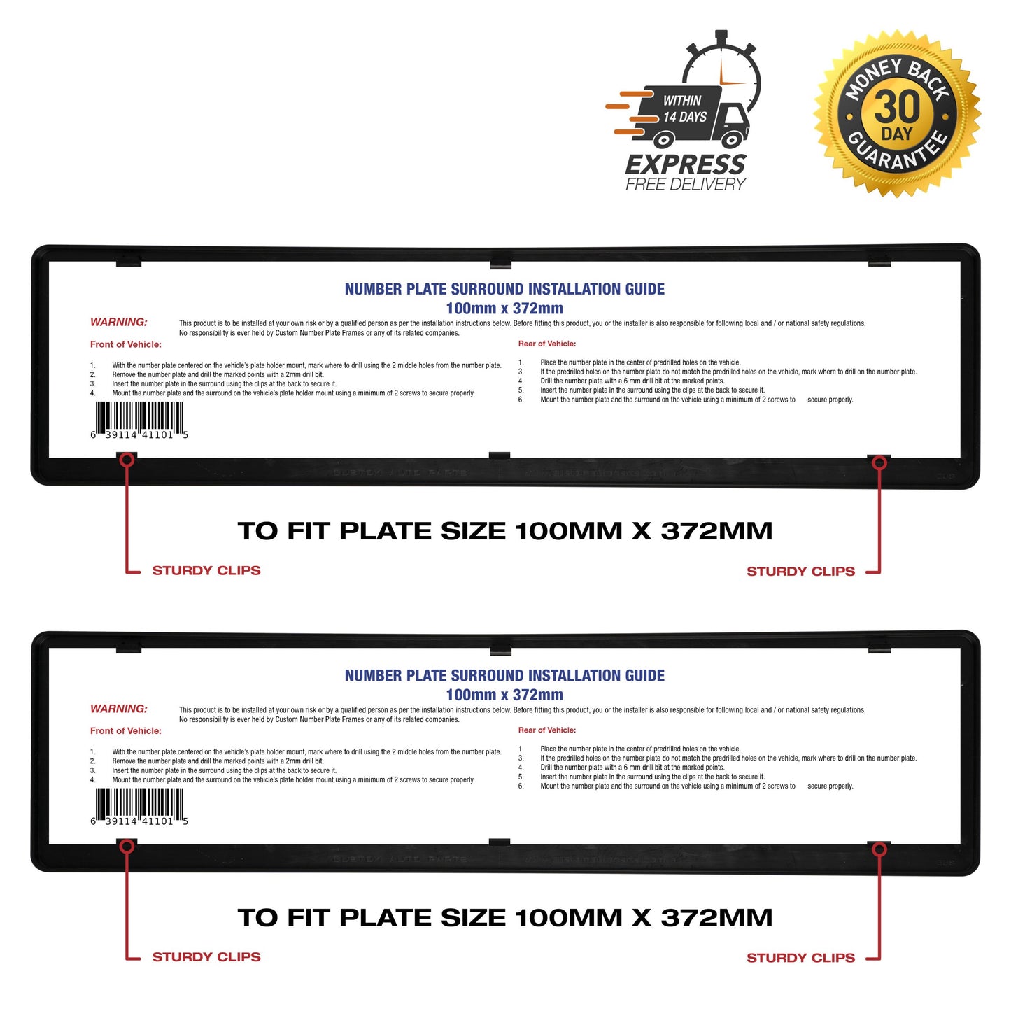 Plate Surround Covers 100mm x 372mm (Slimline) Suitable for: VIC, QLD, TAS, SA, WA, NT, ACT - CUSTOM NUMBER PLATE FRAMES