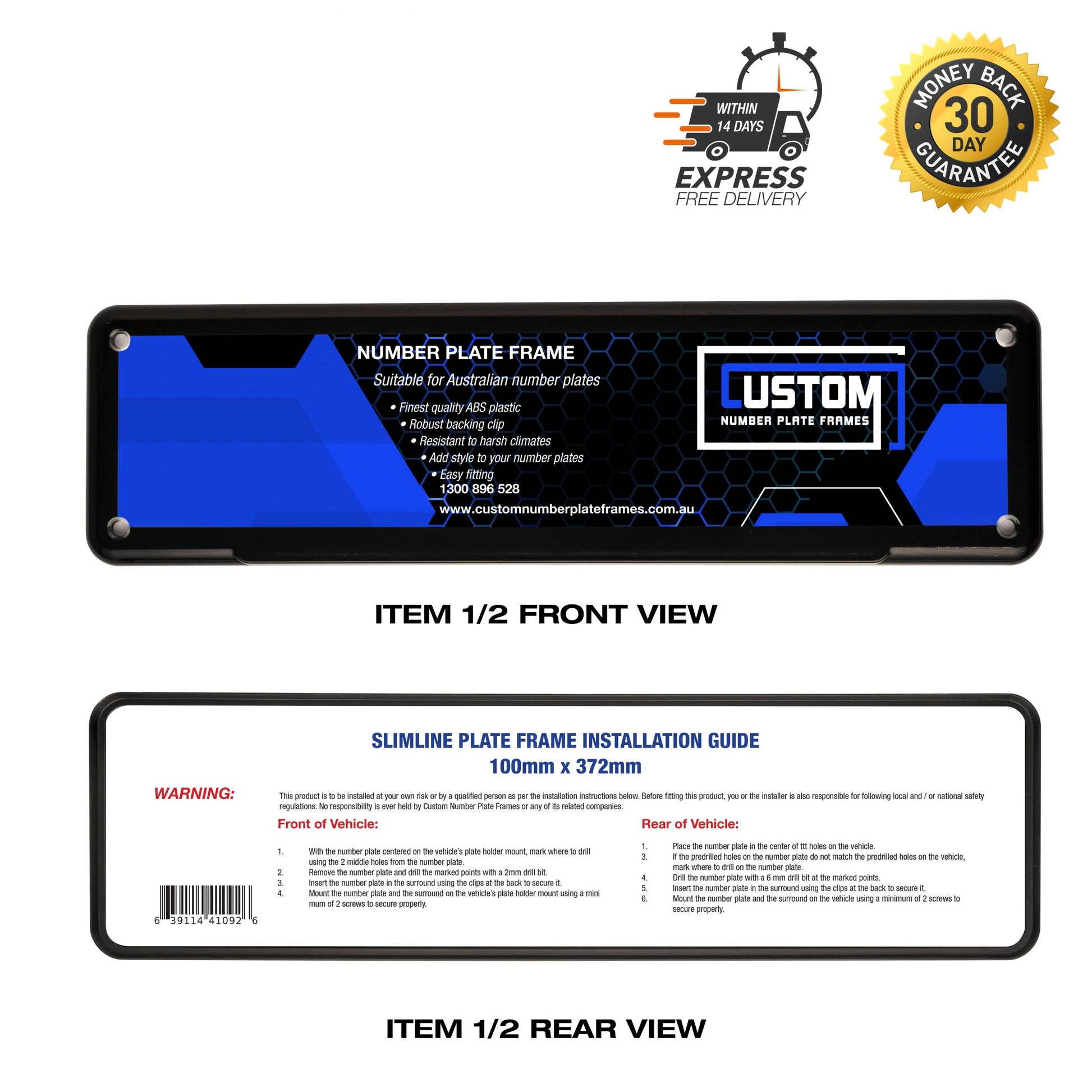 Plate Frame Kit 100mm x 372mm (slimline 6 digit) suitable for VIC, QLD, WA - CUSTOM NUMBER PLATE FRAMES