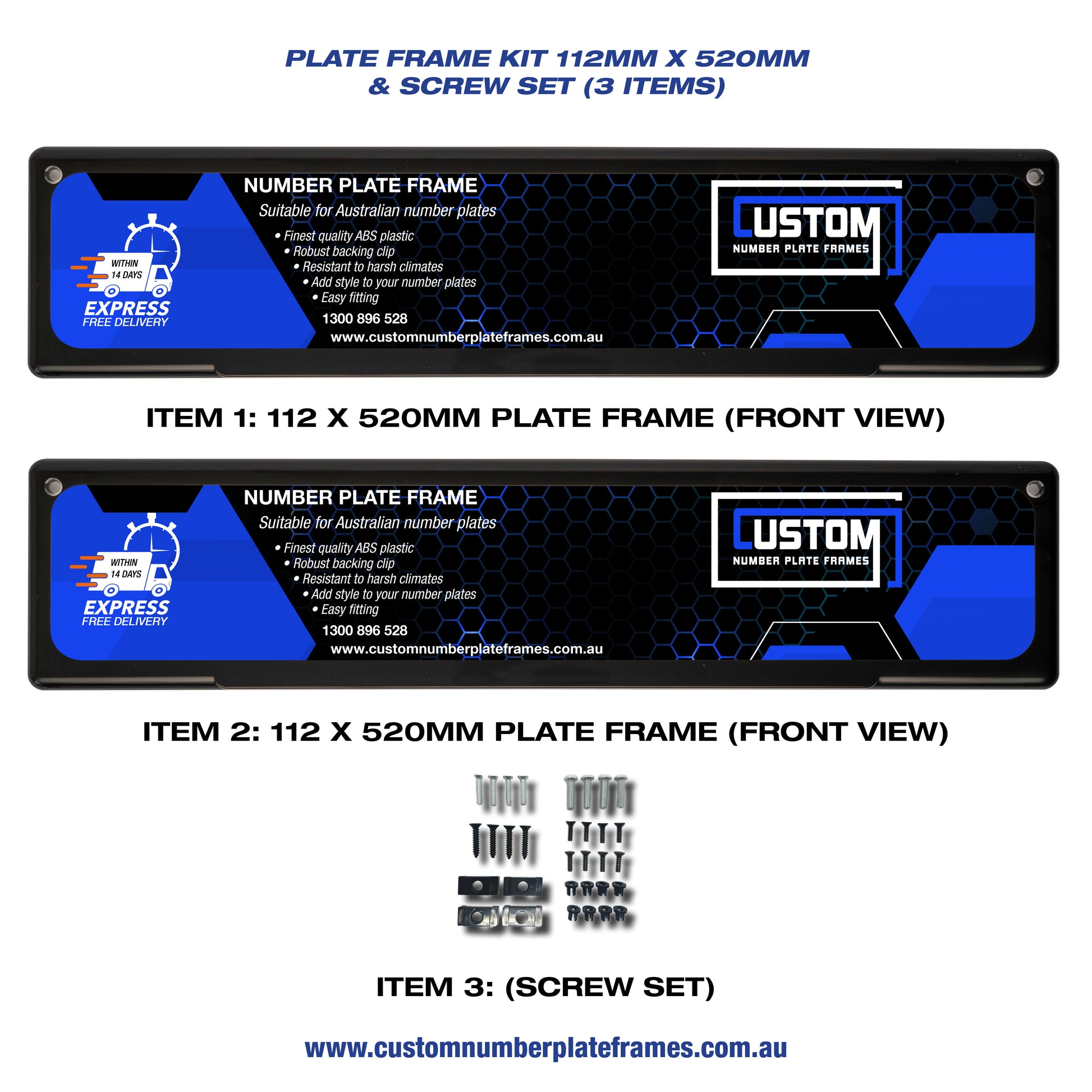 Plate Frame Kit 112mm x 520mm (Euro) Suitable for: NSW, VIC, QLD, SA, ACT, NT, WA. - CUSTOM NUMBER PLATE FRAMES