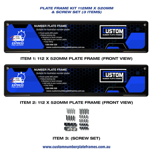Plate Frame Kit 112mm x 520mm (Euro) Suitable for: NSW, VIC, QLD, SA, ACT, NT, WA. - CUSTOM NUMBER PLATE FRAMES
