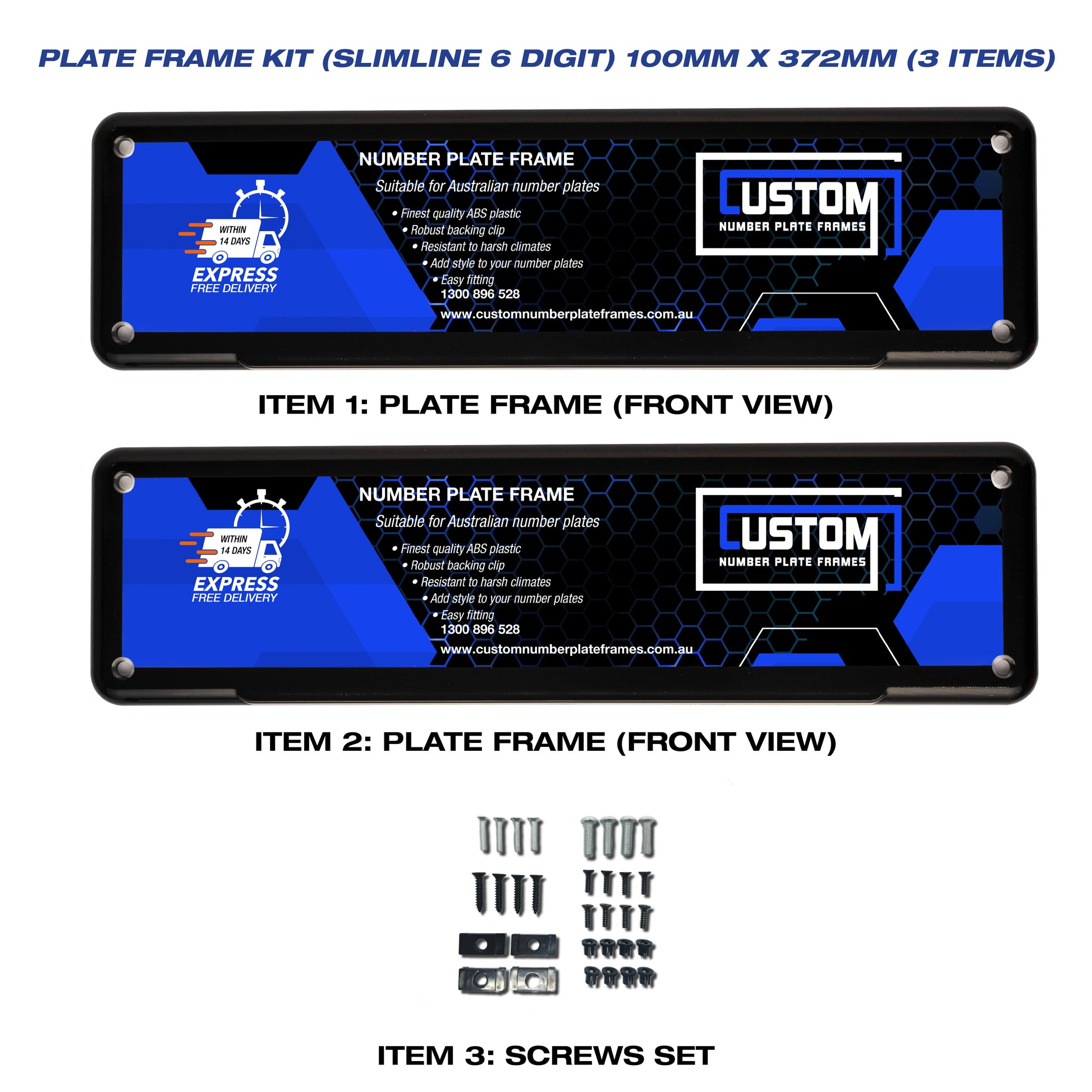 Plate Frame Kit 100mm x 372mm (slimline 6 digit) suitable for VIC, QLD, WA - CUSTOM NUMBER PLATE FRAMES