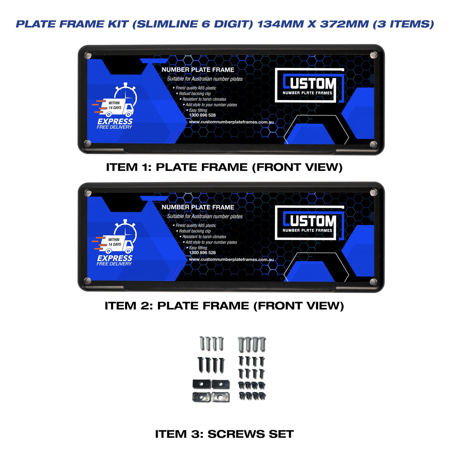 Plate Frame Kit 134mm x 372mm (Standard 6 digit) Suitable for: All States. - CUSTOM NUMBER PLATE FRAMES